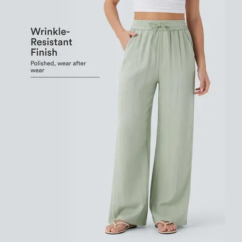 【Creator’s Pick】Halara High Waisted Drawstring Pocket Wide Leg Baggy Casual Linen-Feel Pants #BackToSchool