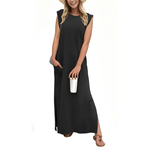 GRECERELLE 2026 Women Summer Round Neck Casual Loose Split Wrinkle-Free Long Maxi Vacation Dress with Pockets