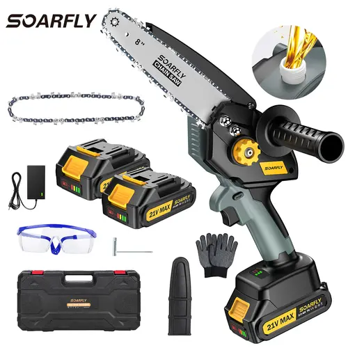 SOARFLY 8 inch Mini Chainsaw, Brushless Chainsaw With Auto Oiler, 2 × 2000mAh Batteries, For Tree, Wood, Lightweight Suitable For Men And Women, Summervibes