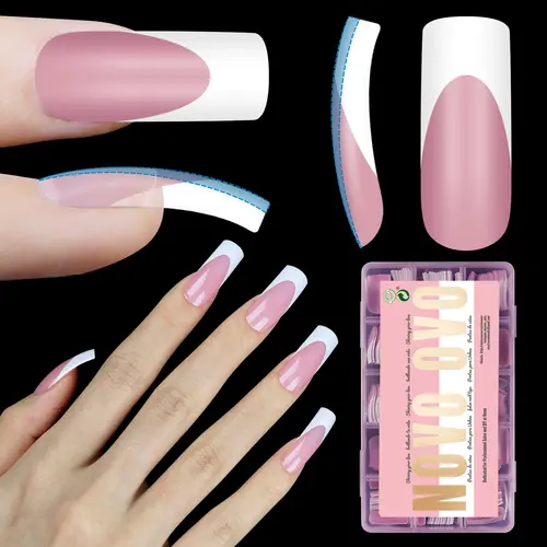 NOVO OVO Medium Slightly Curved White French Tip Nail Tips BERRY PINK Full Cover for Press on Acrylic, Extra Thick M Soft Gel False Nail, need Builder Gel Top Coat, no Glue included x 15 Sizes 240 pcs【DOES NOT INCLUDE: LIGHT, GLUE, BUILDER GEL】, Press On,