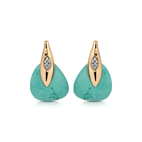 Ettika Turquoise Solstice Earrings - Brass 18k Gold Plated Reconstituted Turquoise & Cubic Zirconia Post Closure 1" x 0.6"