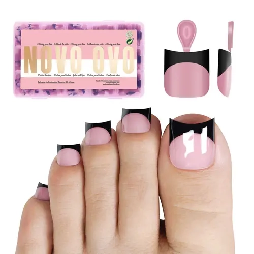 NOVO OVO Halloween Black Toe Nail Tips with Moon Curve Black French Tip Berry Pink Sharp Square,Thick Toenail Extension for Medium & Short Nail Beds, Soft Gel False Nail Kit,Full Cover Acrylic,【DOES NOT INCLUDE: LIGHT, GLUE, BUILDER GEL】,sohochic