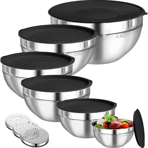6-Piece Classic Stainless Steel Bowls Set with Airtight Lids, 3 Graters Attachments, Scratch-Resistant Coat, Nesting Design (Keeps Cabinets Tidy) for Mix, Prep, Store, Marinate, Dishwasher Safe Food Storage Bowls (4.5QT,3.5QT,2.1QT,1.5QT,1.1QT,0.7QT)