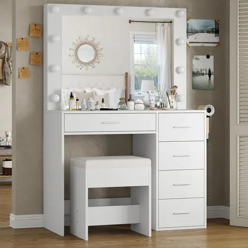 FUSOU 37"W 5 Drawers Vanity Desk with Power Outlet, 3 Color Lighting Modes, Makeup Table with Lighted Mirror, Vanity Table Dressing Table Set tabitha modern power outlet