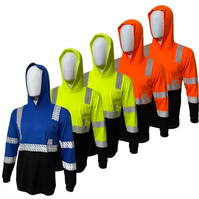 High Visibility Hoodie Long Sleeve Safety Shirt / Reflective Safety shirt with hoodie made with Light-weight birdeye mesh fabric available in various packs and  sizes