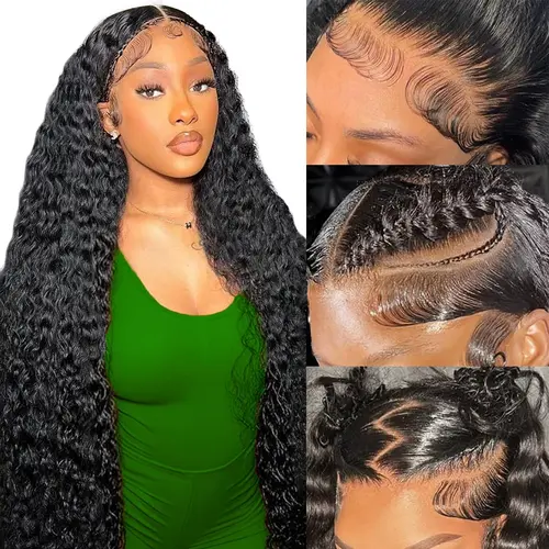 [30 inch only $109] Zlzlblbl Deep Wave Lace Front Wigs Human Hair 200 Density 13x6 HD Lace Frontal Wigs Human Hair Pre Plucked Deep Glueless Wigs Human Hair for Women Natural Black #