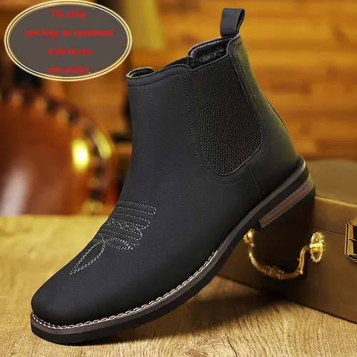 Men's Western Cowboy Footwear - Square-Toe Chelsea Ankle Boots, Rubber Sole, Vintage Classic Comfortable Versatile Work & Casual Outdoor Boot, Khaki & Black Closed-Toe Shoes, Men's Black Shoes, Western Ootd,sohochic