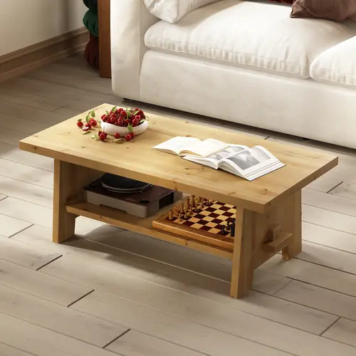 Farmhouse Wood Coffee Table - 43.4” Mid Century Modern Wooden Coffee Tables for Living Room, Solid Firwood Tabletop Rectangle Coffee Table, Center Table for Living Room