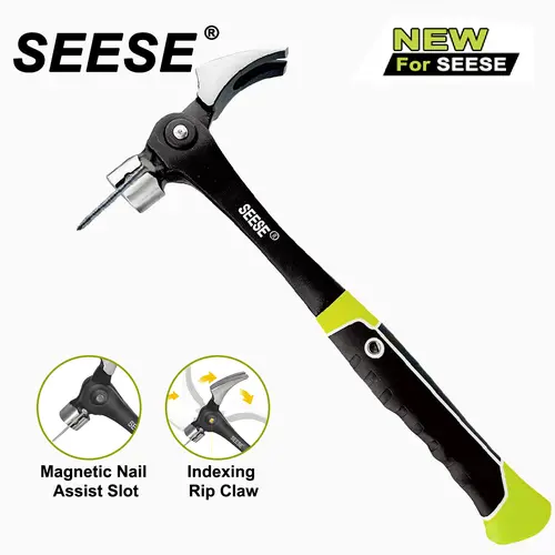 SEESE 16oz Claw Hammer with Magnetic Nail Starter,Indexing Rip Claw,Forged Steel Head,Shock-Absorbing TPR Grip,Heavy Duty Framing & DIY Tool