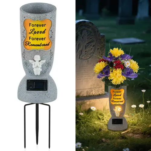 Solar-Powered Cross Angel Ceramic Stone Vase with LED Light - Grave Vase, Cemetery Tombstone Decoration, Fresh/Artificial Flower Holder, Commemoration Gift for Grieving Individuals