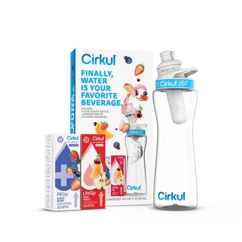 Cirkul 22oz. BPA-Free Plastic Water Bottle Starter Kit with Blue Lid, 2 Flavor Cartridges (1 LifeSip Fruit Punch, 1 FitSip Mixed Berry) Zero Calories and No Sugar