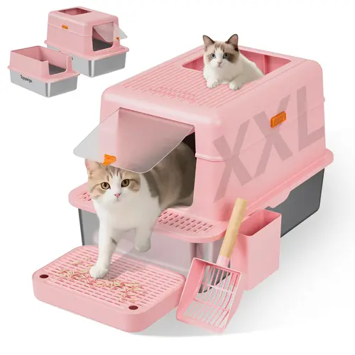 Stainless Steel Cat Litter Box with Lid 36-Liter Metal Enclosed Large Litterbox Leak-Proof High Sides Perfect Gift for Big Cat Lovers Litterbox with Cat Mat & Litter Scoop Summervibes,petlovers,
