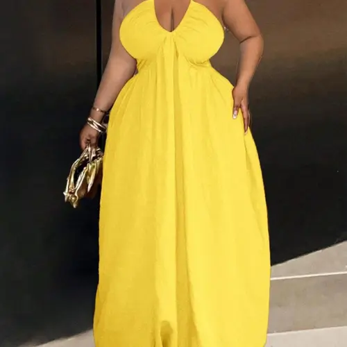 Plus Size Solid Tie Back Halter Neck Dress, Fitted Halter Dress, Bodycon Fit Dress, Casual Sleeveless Long Dress for Summer, Women's Plus Clothing for Daily Wear, Womenswear