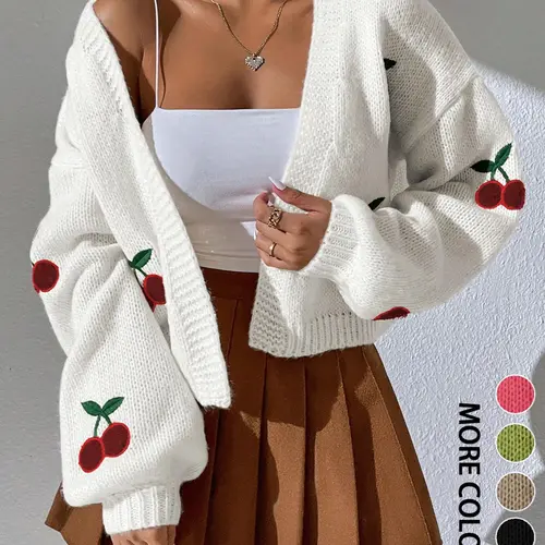 Women's Cherry Embroidery   Sweater Cardigan, Casual Long Sleeve Open Front Knit Cardigan for Spring & Fall, Fashion Women's Knit Clothing for Daily Wear, Tops