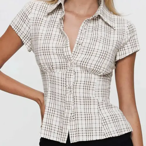 Women's Plaid Print Curved Hem Blouse, Casual Button Front Short Sleeve Buttoned Collared Top for Summer, Ladies Clothes for Daily Wear, Casual Everyday Top, Casual Shirt