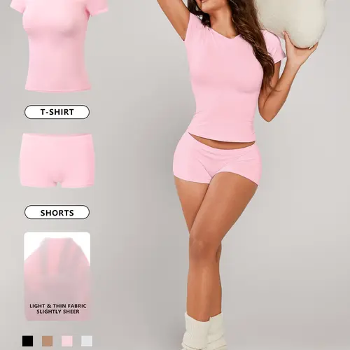 Women's Solid Crop Tee & Shorts Loungewear, Casual Comfy Round Neck Short Sleeve T-Shirt & Shorts PJ Set, Ladies Sleepwear for All Seasons, Pajama, Casual Comfy Pyjama