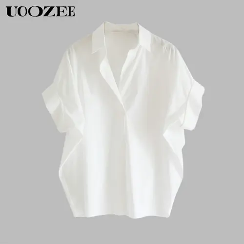 UOOZEE Women's Minimalist Solid Polyester Top, Ready-to-Wear Collared Shirt with Batwing Sleeves, Loose Casual Button-Front, Slightly Sheer