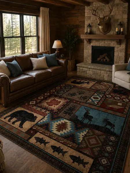 YIHOUSE Machine Washable Large Rustic Low Pile Area Rug - Non-Slip, Stain Resistant, Soft Geometric Design, Stays Put Grip Carpet for Living Room, Bedroom, Country Cabin Homes Living Room Decor, Machine Washable Rugs, Low Pile Rugs