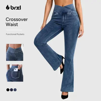 BRXL Women's High Waist Stretchy Crossover Denim Pants  Flare Bootcut with Pockets, Trendy Flattering Outdoor Streetwear for Summer #sohochi #backtoschool, Jeans,sohochic
