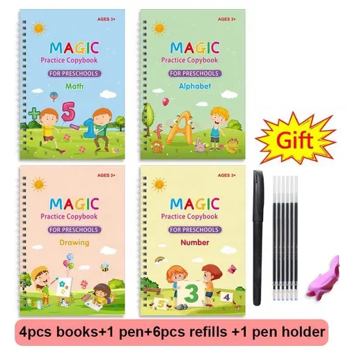 Reusable Grooved Handwriting Workbook for Kids, Learning Materials, 4 Books–Early Elementary, Covers Math, Words, Drawing –Gift for Children School Supplies Classroom Supplies