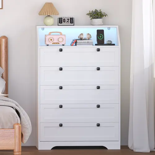 Nightstand with Charging Station，Drawer Dresser with LED Light, Space-Saving Tall Dresser Organizer for Bedroom, Hallway, Closet,Living Room, Furniture Orgaization Modern Storage Cabinet