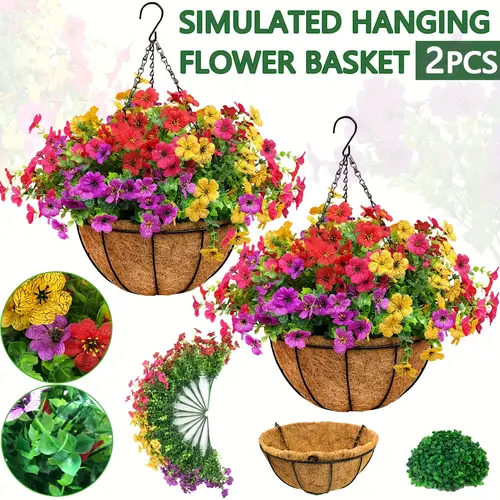 2 Pcs Set UV-Safe Outdoor Decorative Hanging Flower Baskets, 24 Daisies + Eucalyptus Realistic Flowers for House Decor, Balcony Garden Use,sohochic
