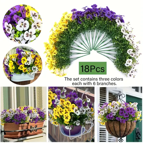 LVZHIYUAN 18 Bundles 12.56-in Plastic Artificial Tricolor Violet Plants - UV Resistant, Universal Decorative Flowers for Outdoor Decor, Flower Pots, Home Use