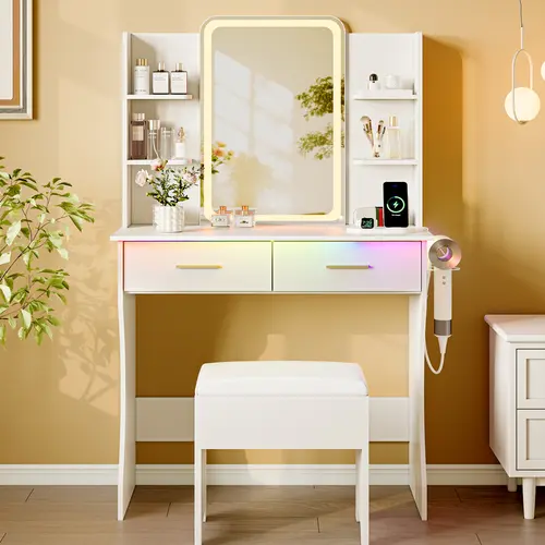 Stable Sturdy Wood Makeup Vanity Desk Set - Glass Lighted Mirror RGB Lights Furniture with 2 Deep Drawers, 1" Thick Top, Power Outlet, Chair, Storage, 3 Adjustable Lighting Colors, Fathers Day Gift for Makeup Organization Wood Vanity Desk Vanity Mirror Wi