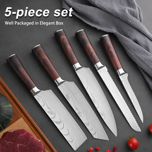 5-Piece High-Quality Japanese Stainless Steel Knife Set with Ergonomic Handles - Chef Knife, Multi-Purpose Tool, Peeling Tool for Kitchenware Cutting & Slicing Meat
