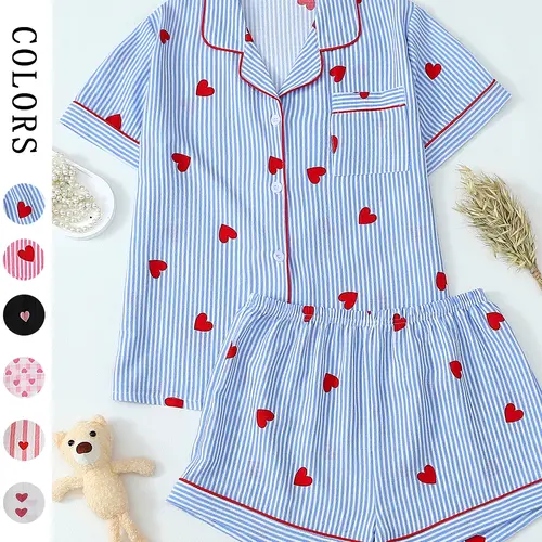 Heart Print & Classic Striped Pajama Set | Chic All-Season Loungewear | Soft 2-Piece Short Sleeve PJs for Women | Sweet Nightwear Essentials，Breathable All-Season PJs，Aesthetic Pajama Party Set，The Perfect Gift