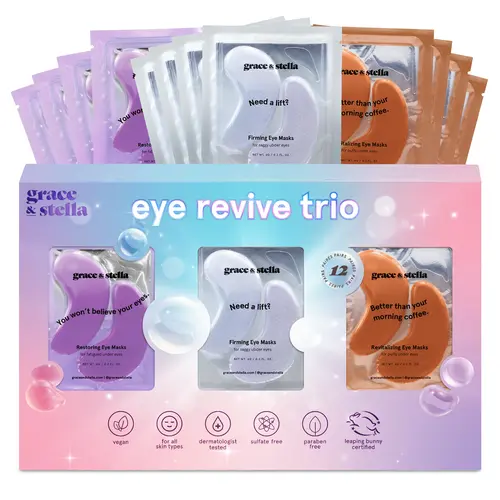 Under Eye Mask Gift Set – 12 Pairs for Dark Circles, Puffy Eyes Hydrating, Firming, Restoring Purple, Bronze & White Trio Skincare by grace & stella