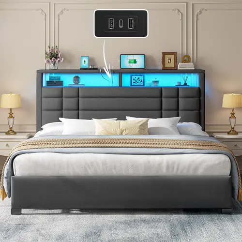 【Back to School】Raybee Luxury Queen size Bed Frames with Headboard & 2 Storage Shelves, Upholstered Bed Frame with LED for Full Queen King, Modern Bedroom Furniture, No Mattress, No Noise, Metal Slats Holds up to 880lbs,Easy assembly,Teen Size Bed