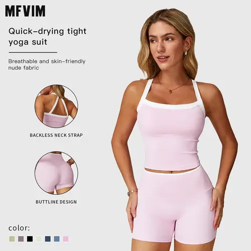 MFVIM Women's Sportswear Tank Top & High Waisted Hip Lifting Shorts Gym Yoga Exercise Clothing Two Piece Workout Outfit Quick Drying Mesh Activewear Fitness Suit SpringStatements Sporty Casual Seamless,travel essentials,camping essentials,sohochic
