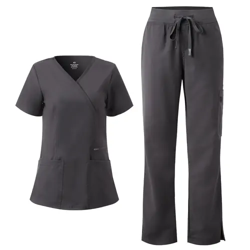 COZYFIT Soft Scrubs for Women - Mock Wrap Top & Straight Leg Pants with 6 Pockets, Back Princess Seams, Soft Fabric, Workwear, Uniforms