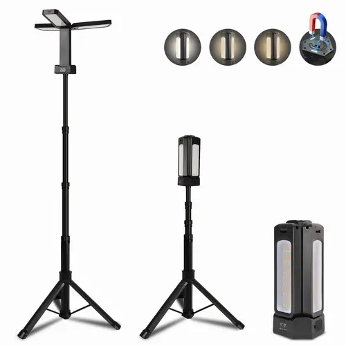 CuLiDing 12000mAh Rechargeable LED Work Lighting - Adjustable Aluminum 74.8" Tall Detachable Tripod, 2000/2500/3000 Lumens, 3000/4500/6000 Lumen Dimmable, Portable Cordless Bagged Light for Job Site & Camping, Multi-Head Job Site Lighting Included