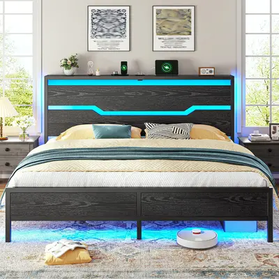 Raybee LED Bed Frame for Queen King Full with Headboard & Storage Shelf, No Mattress, Modern Industrial Wood Platform Bed Frame with Built-In Charging Station, No Noise, Capacity 900LBS with Metal Slats for Bedroom, First Apartment, Teens, Dorms