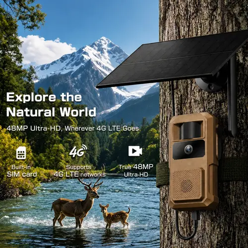Solar 4G LTE Trail Camera HC73S 48MP 2K Night Vision 0.1s PIR Trigger IP66 Waterproof 120° Wide Angle For Wildlife Farm Deer Security, Built-In Cellular Card 4G LTE Data Plan Needs Activation tiktokshopbacktoschool, Outdoor, Hunting Gear, Solar Powered