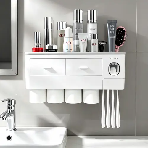 Multifunctional Wall-Mount Toothbrush Holder Organizer - No Drilling Removable Bathroom Accessory with Sticky Hook, 2-Cup Design, Toothpaste Dispenser, Large Capacity Tray, Cosmetic Drawer for Toothbrush Storage