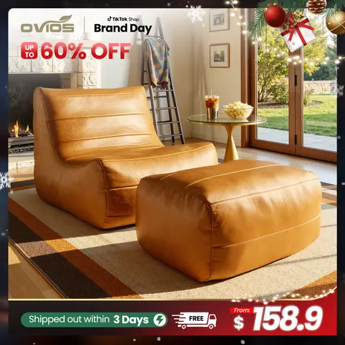 【SohoChic Sale】Ovios Large 37" Bean Bag Chair with Ottoman for Adults, Comfy Boneless Lazy Chair Couch with Memory Foam and PU Leather , Plush Corduroy Sofa Bed for Bedroom College Dorm - No Assembly