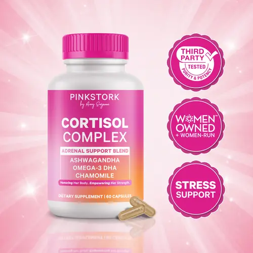 Pink Stork Cortisol Complex | Adrenal + Stress Supplement for Women | Healthy Mood + Energy | Organic Ashwagandha, Omega 3 DHA, Chamomile, Saffron, Vitamin D, 1-Month Supply, Adaptogens + Vitamin Blend, Selfcare for Wome