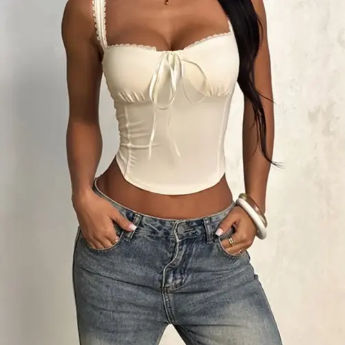 WOWDARK Women's Tie-Up Adjustable Chic Basic Lace Trim Strappy Fit Camisole Tank Top Cami Tops