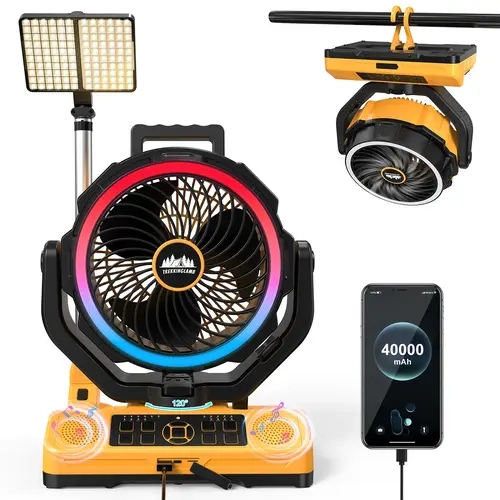 Running Snail Camping Tent Fan, 40000mAh Rechargeable Fan, Bluetooth Speaker, Multi-Color LED Light, 6 Speed Levels, 8-Hour Timer, 120° Auto Oscillation, Portable Outdoor Fan For Summer Camping