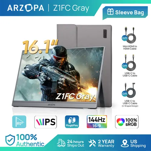 ARZOPA Z1FC 16.1" 144Hz | Gray Portable Gaming Monitor | 100% sRGB | 1080P FHD Ultra Slim | External Second Screen | Portable Monitor Display | for PS5 Xbox Switch Laptop PC Mac