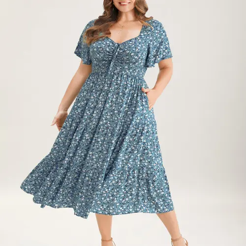 BLOOMCHIC Women's Plus Size Ditsy Floral Boho Mini Dress [M-6X] - Ruffle Sleeves, Drawstring Waist Customizes Your Fit, Side Pocket, Flattering Flowy Summer Vacation Casual Women's Dresses，SohoChic