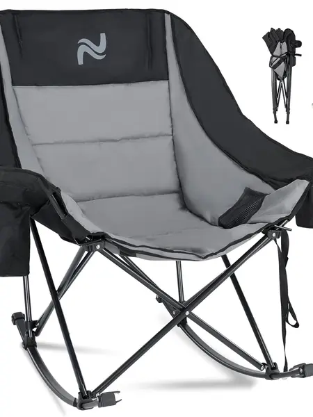ABORON Heated Rocking Chair, XXL Oversized Folding Outdoor Camping Chair, Padded Lawn Chair - Oxford Fabric, Full Body Cushion, Built-in Cooler, Side Pocket, 400lb Capacity, for Balcony, Patio,Sports Events,Camping Gear【Battery Not Included】sohochic