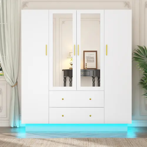 4-Door Freestanding Modern Wood Wardrobe Closet with Drawers - Built to Last Bedroom Indoor Furniture, Closet Mirror, Luminous LED Lights, Shelves, Hanging Rod for Room Organization
