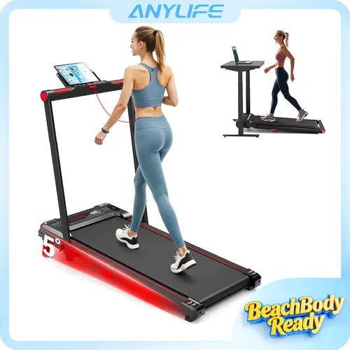 Anylife Motorized Treadmill with Handrail & Handle - Home Gym Equipment, 5% Incline Under Desk Compact Folded Walking Pad, 330 lbs Capacity, Quiet Indoor Mini Exercise Machine with Remote Control, LED Display, Safety Clip, Gift Choice