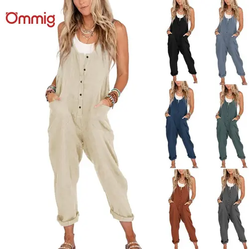 Ommig Women's Sleeveless Soft Cotton Linen Bohemian Overalls - Korean Preppy Retro Sexy V-Neck Button Jumpsuits, Adjustable Straps, Pockets, Relaxed Fit, Breathable, Casual Spring-Summer Basics,sohochic