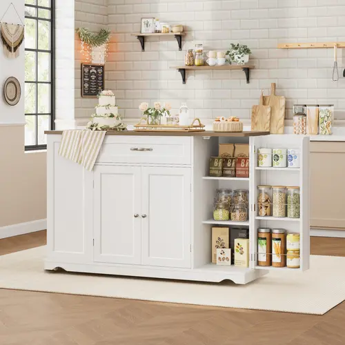 HOSTACK 47'' Kitchen Island Cart - Wobble-Resistant MDF Frame Space-Saving Indoor Dining Room Sideboard, Stable Swivel Casters, 2-Size Drawers, Drawer Organizer, Adjustable Shelves Fit Gear, 3-Door Cabinet Tames Clutter, Mobile Accent Cabinet