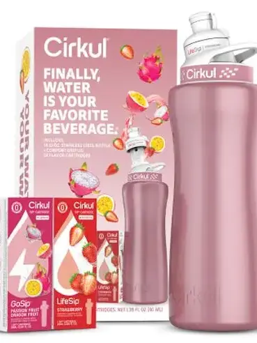 Cirkul 32oz. Rose Gold Metallic Stainless Steel Water Bottle Starter Kit with Pink Lid, 2 Flavor Cartridges (1 LifeSip Strawberry and 1 GoSip Passion Fruit Dragon Fruit), Zero Calories and No Sugar